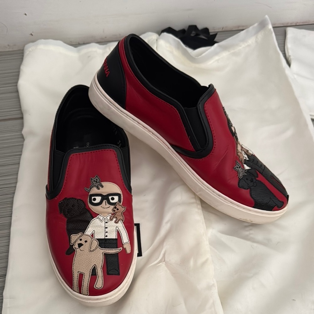 Red Slip-On Shoes with Dog and Person Design